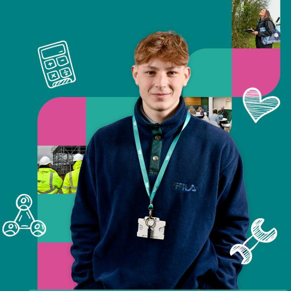 image of an apprentice with our logos and teal background behind