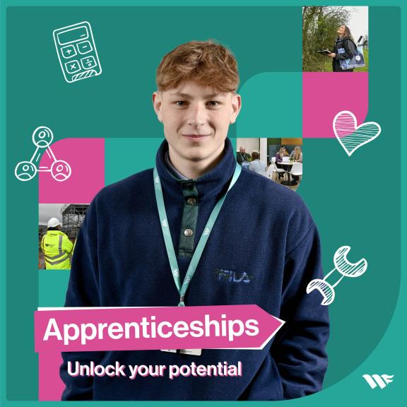 an apprentice with a teal background and apprenticeship logo