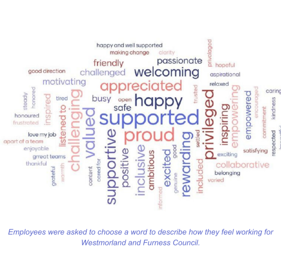 word cloud describing how colleagues feel about progress at W&F