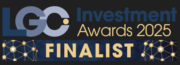 LGC Investment Awards 2025 Finalist logo - dark background with blue and gold text