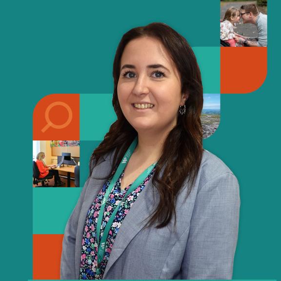 Employee is smiling towards the camera, with a selection of smaller images in the background.