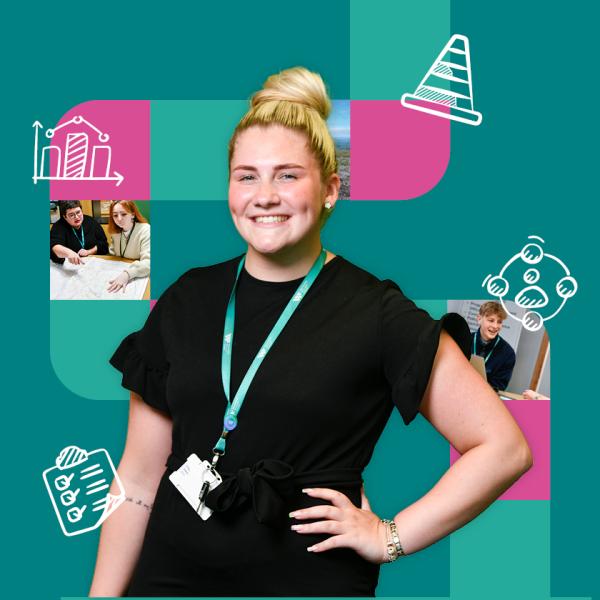 one of our apprentices with the W&F teal background and icons